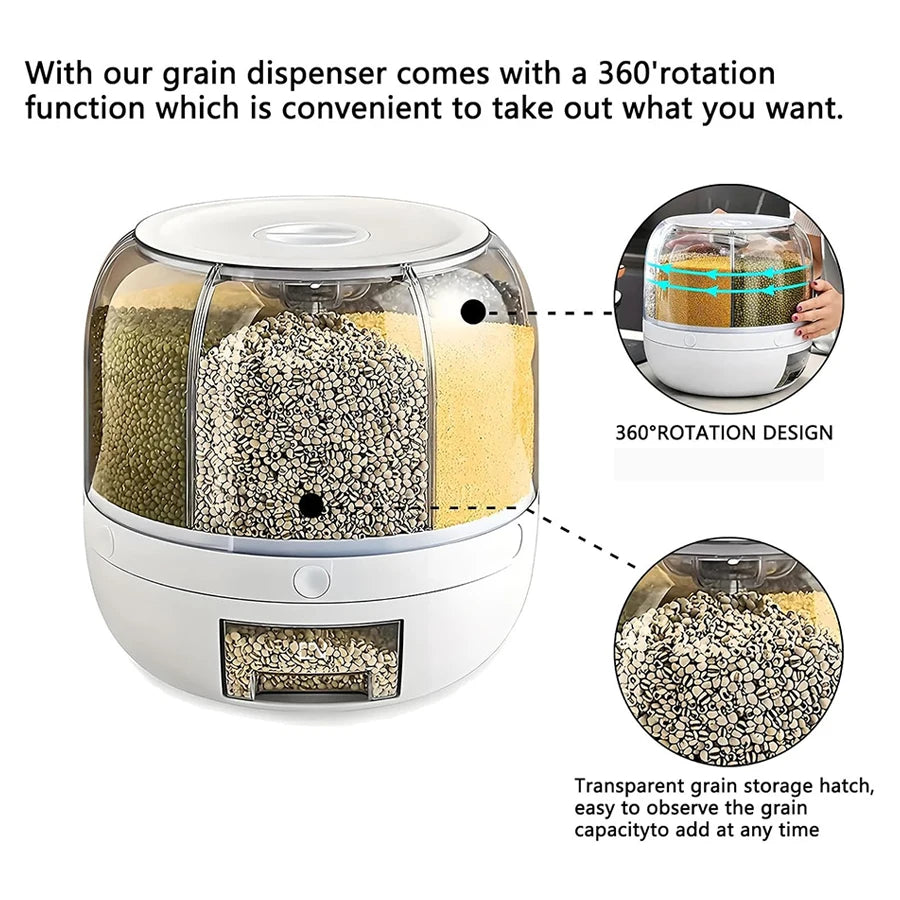360° Rotating 6-Grid Grain Dispenser – Airtight Food Storage