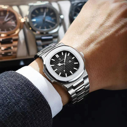 Men’s Square Stainless Steel Watch – Waterproof & Luminous