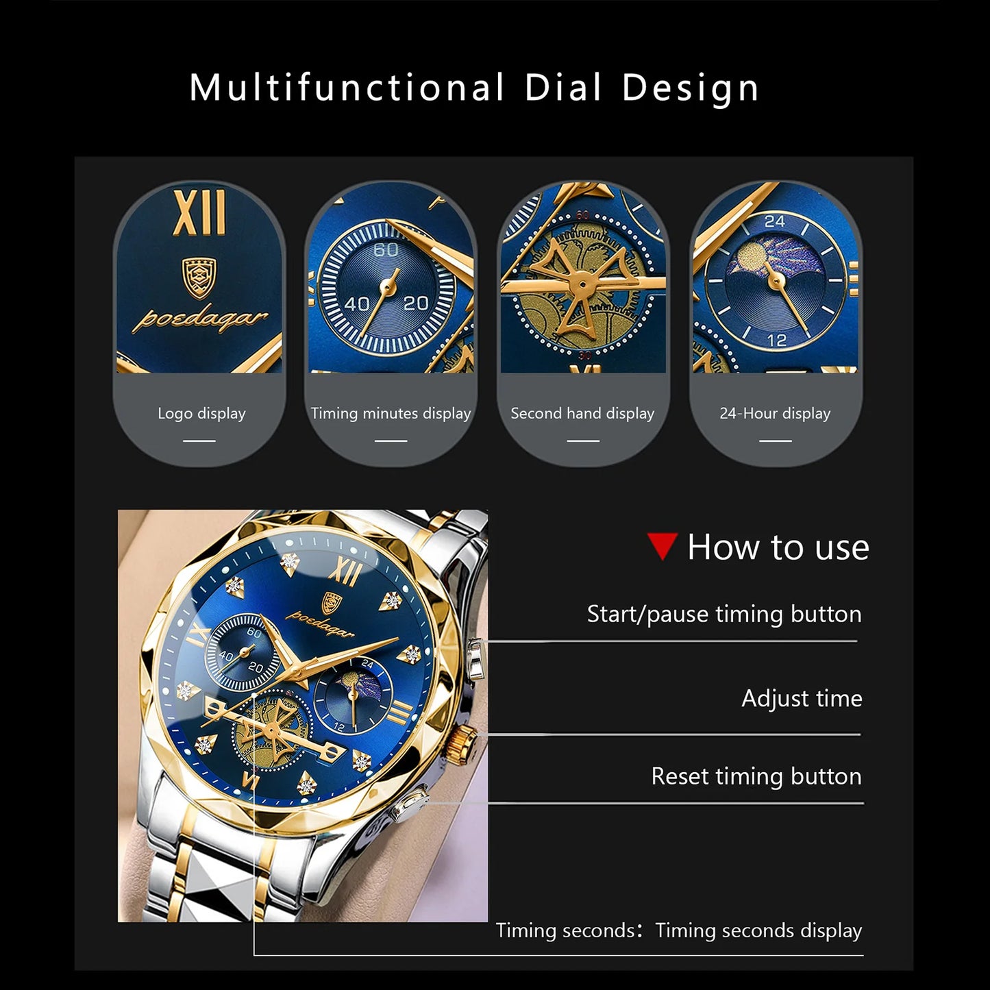 Men’s Stainless Steel Chronograph Watch – Luminous & Waterproof
