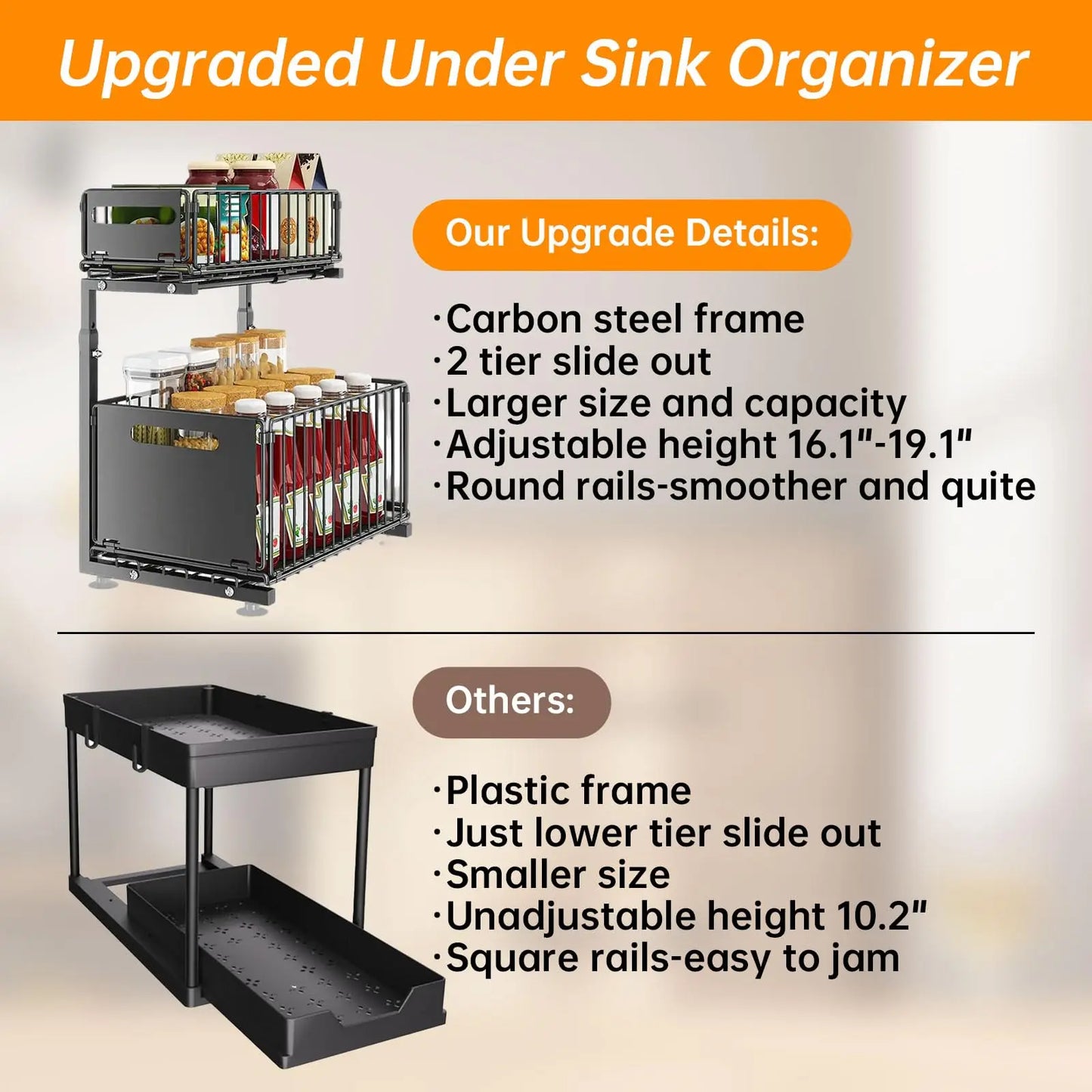 Pull-Out Under Sink Organizer 2-Tier Adjustable Shelf