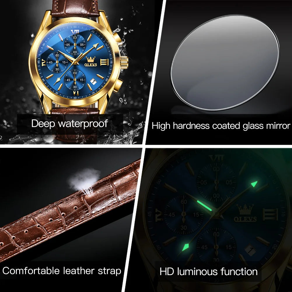 Men's Leather Chronograph Watch Luminous & Waterproof