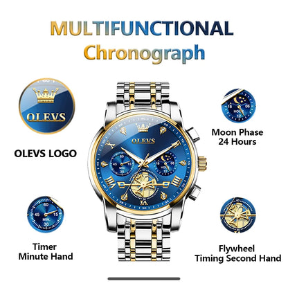 Men's Moon Phase Chronograph Watch Quartz Waterproof