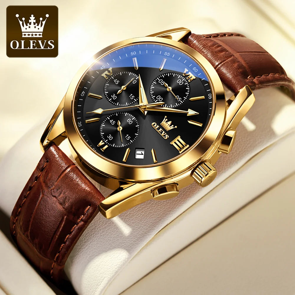 Men's Leather Chronograph Watch Luminous & Waterproof