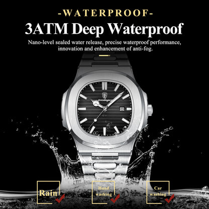 Men’s Square Stainless Steel Watch – Waterproof & Luminous