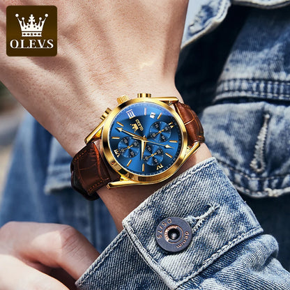 Men's Leather Chronograph Watch Luminous & Waterproof