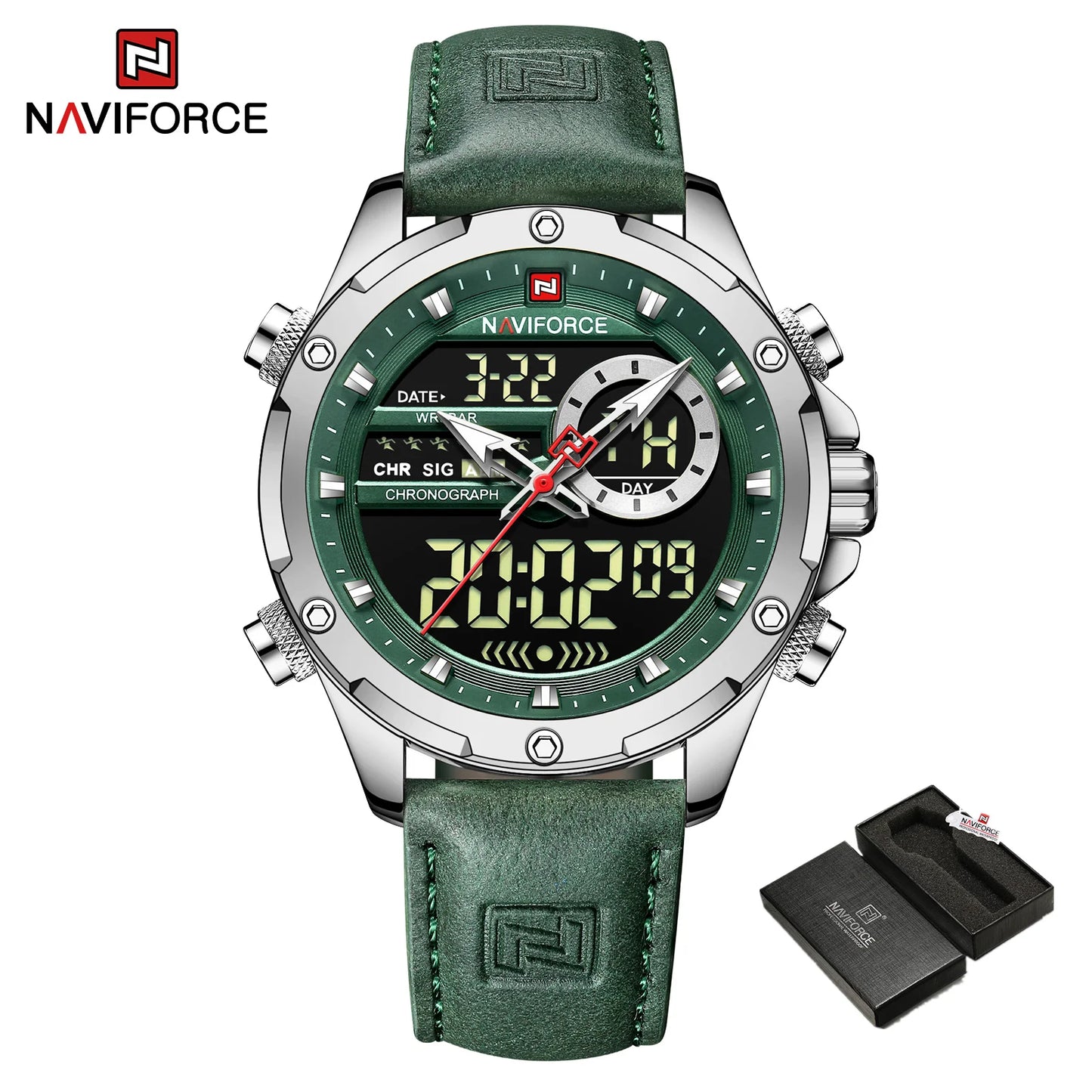 Men’s Analog Digital Chronograph Watch Leather Strap