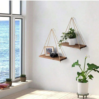 Wooden Hanging Rope Shelf for Wall Plants & Decor