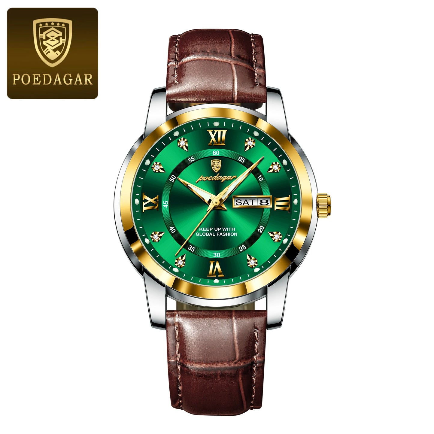 Men’s Leather Quartz Watch With Date & Week Display