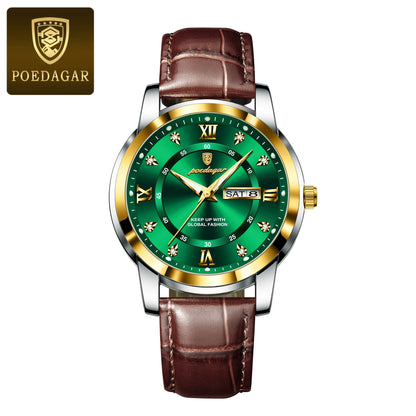 Men’s Leather Quartz Watch With Date & Week Display