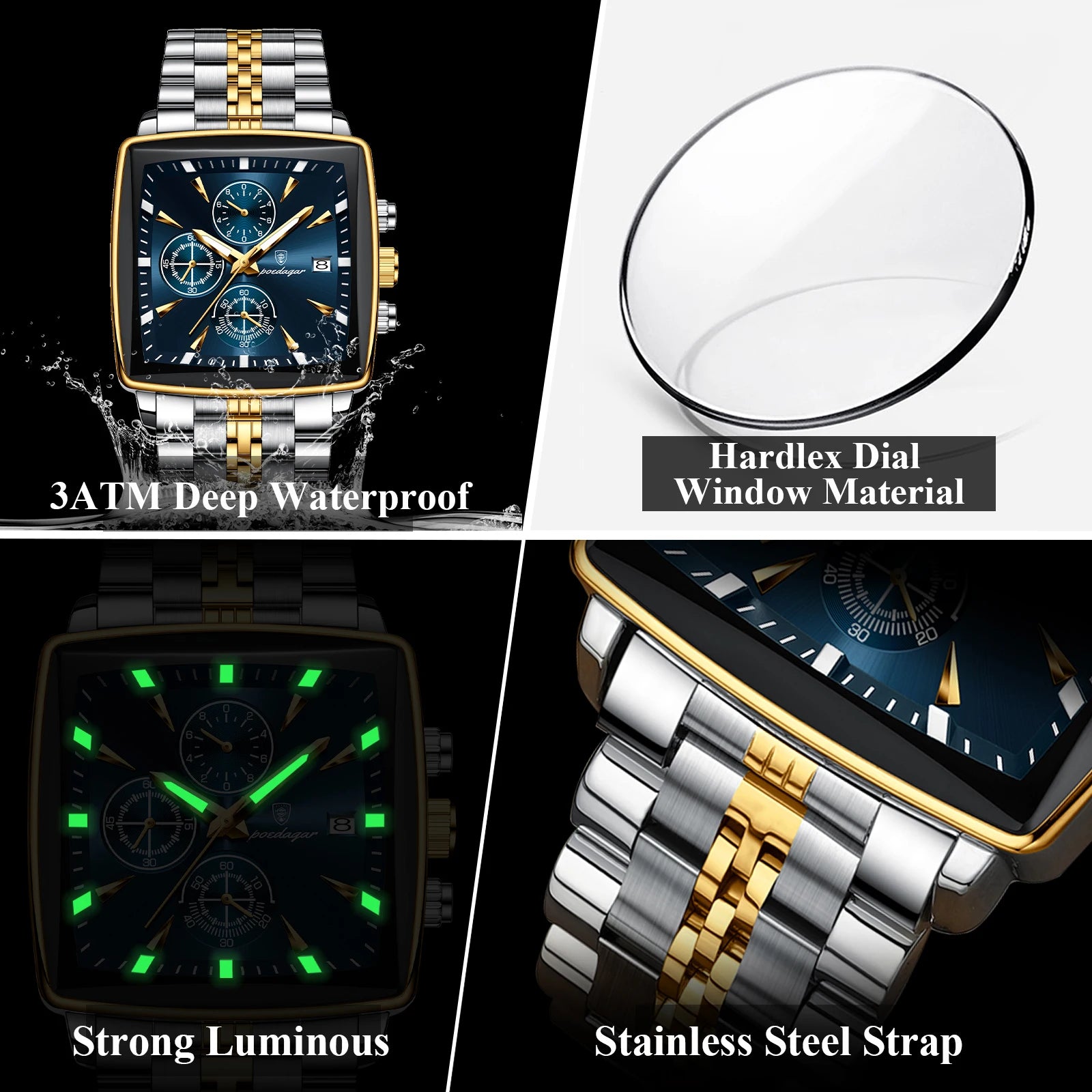 Men’s Square Chronograph Watch Luminous Waterproof Steel