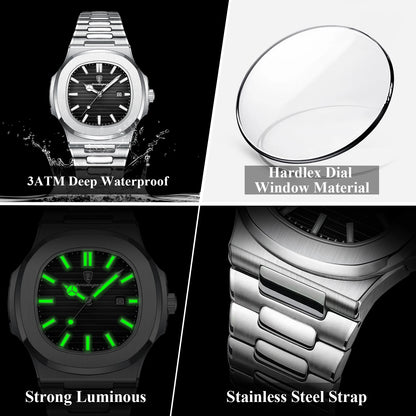 Men’s Square Stainless Steel Watch – Waterproof & Luminous