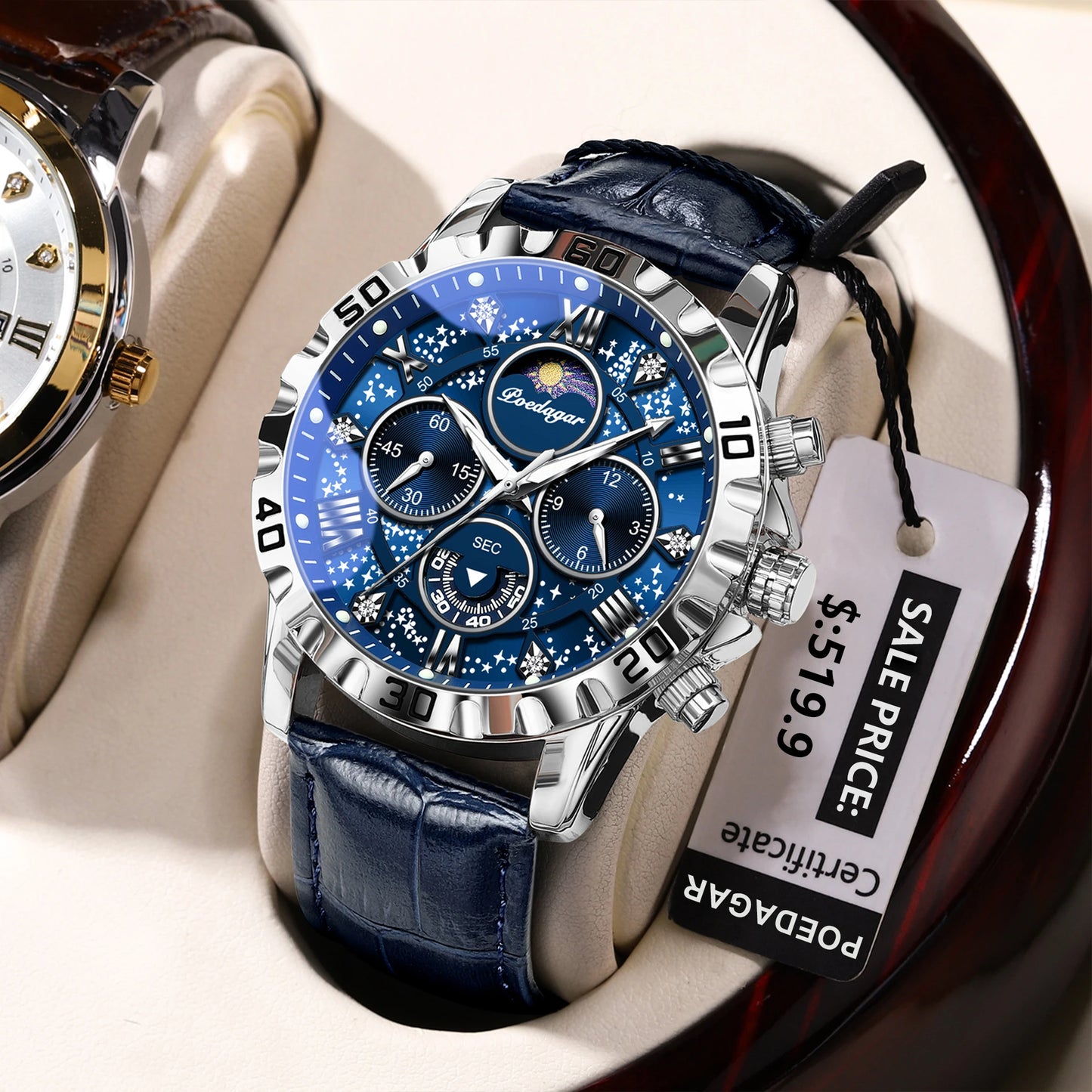 Men’s Quartz Chronograph Watch Leather Strap Waterproof