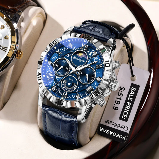 Men’s Quartz Chronograph Watch Leather Strap Waterproof