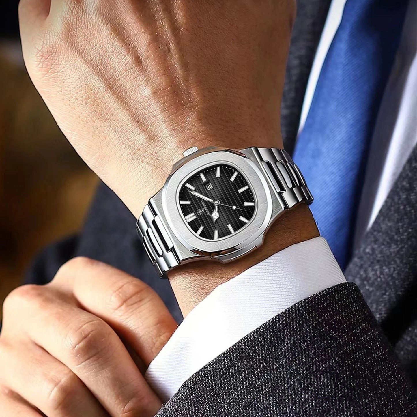 Men’s Square Stainless Steel Watch – Waterproof & Luminous