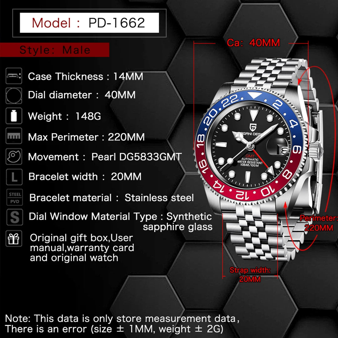 Men's Mechanical GMT Watch Sapphire Crystal 100m