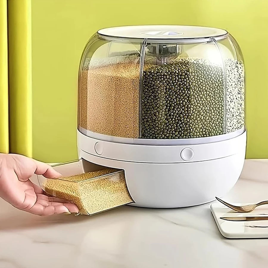 360° Rotating 6-Grid Grain Dispenser – Airtight Food Storage