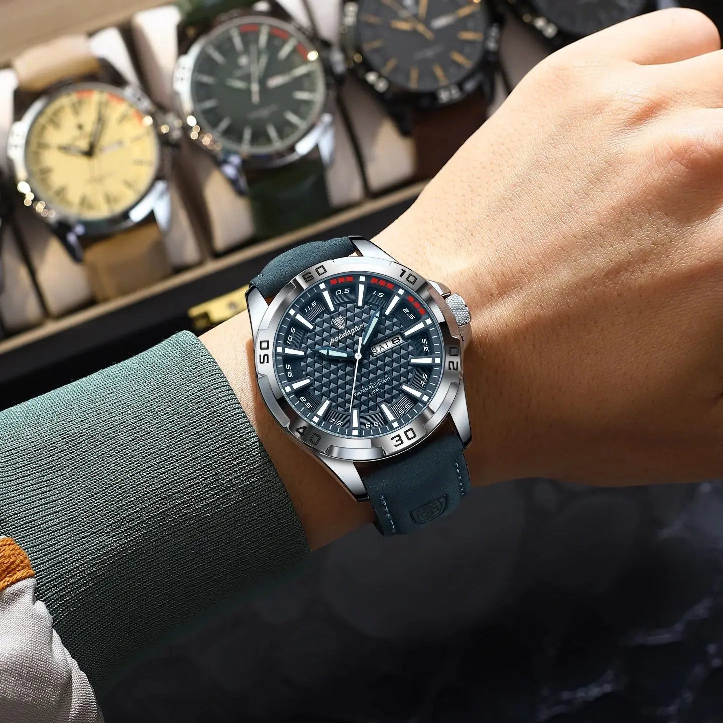 Men’s Leather Quartz Watch With Date & Week Display