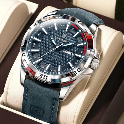 Men’s Leather Quartz Watch With Date & Week Display