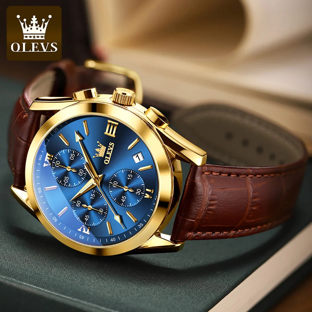 Men's Leather Chronograph Watch Luminous & Waterproof