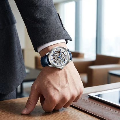Men’s Skeleton Automatic Watch With Leather Strap