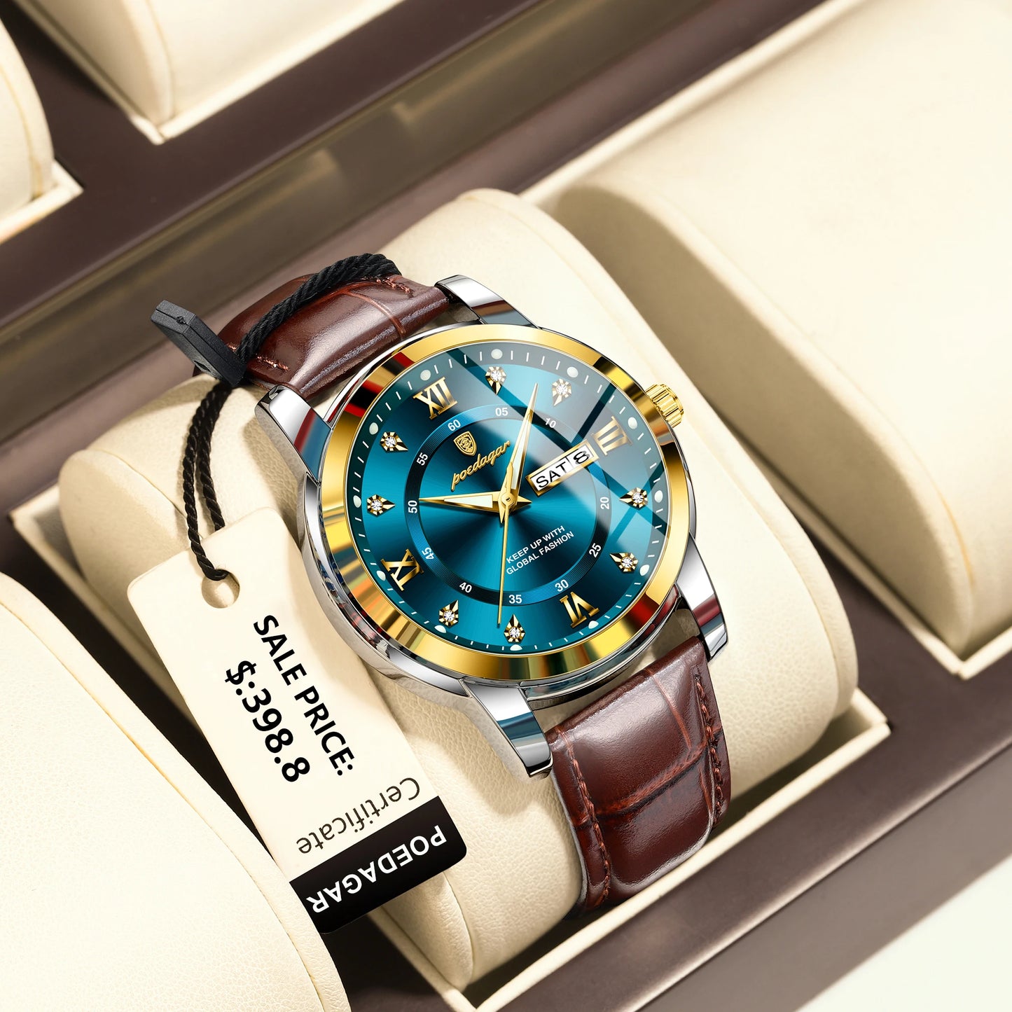 Men’s Leather Quartz Watch With Date & Week Display