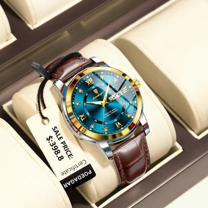 Men’s Leather Quartz Watch With Date & Week Display
