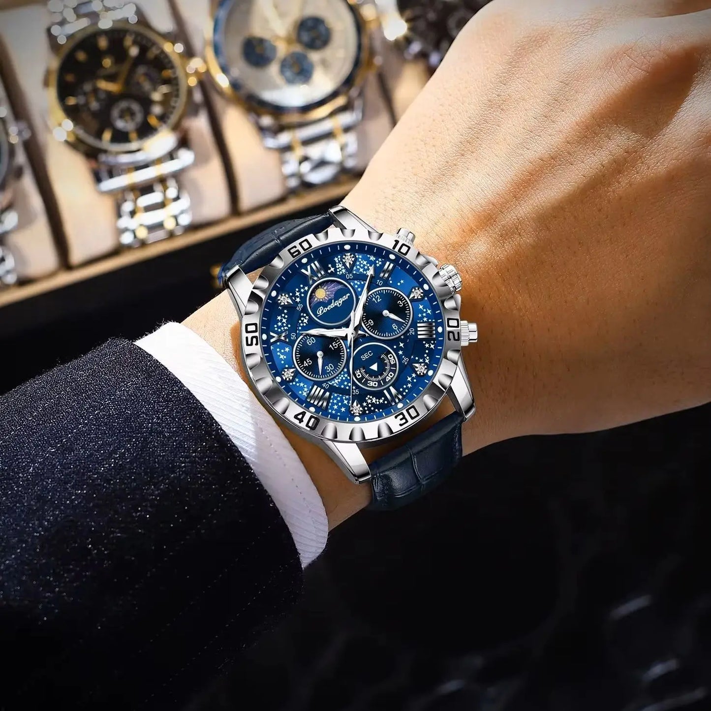Men’s Quartz Chronograph Watch Leather Strap Waterproof