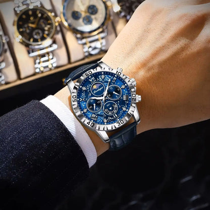 Men’s Quartz Chronograph Watch Leather Strap Waterproof