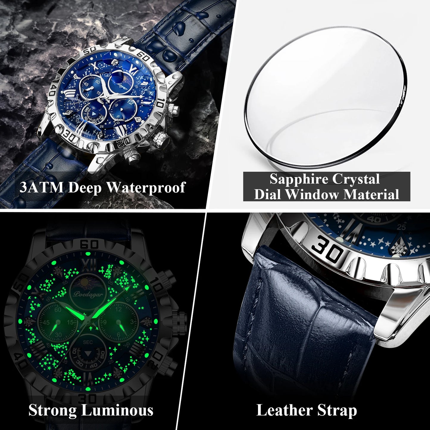 Men’s Quartz Chronograph Watch Leather Strap Waterproof