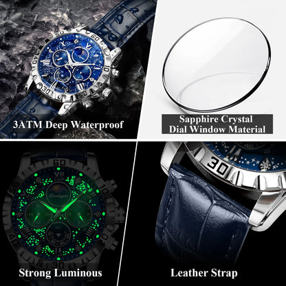 Men’s Quartz Chronograph Watch Leather Strap Waterproof