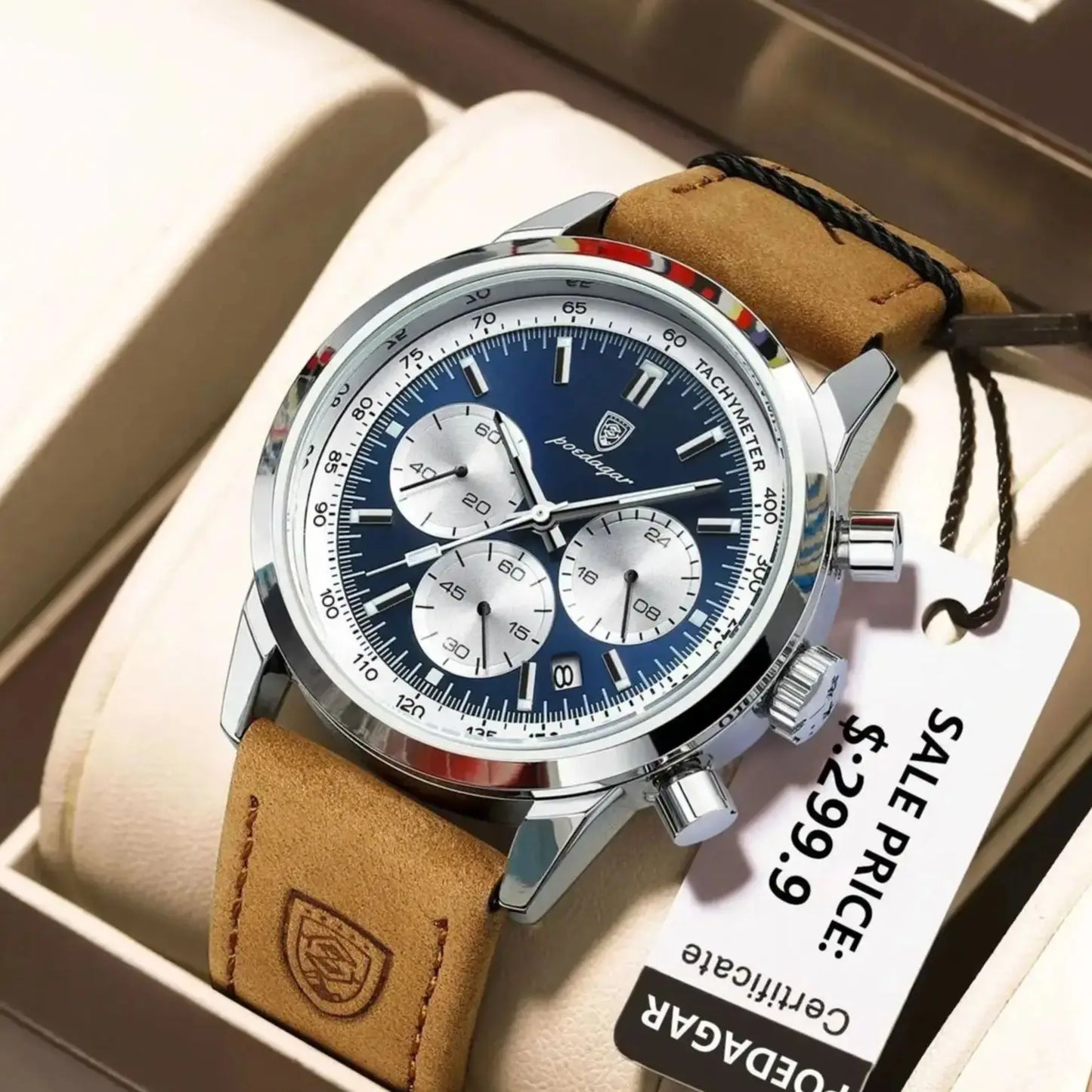 Men’s Leather Chronograph Watch With Luminous Dial
