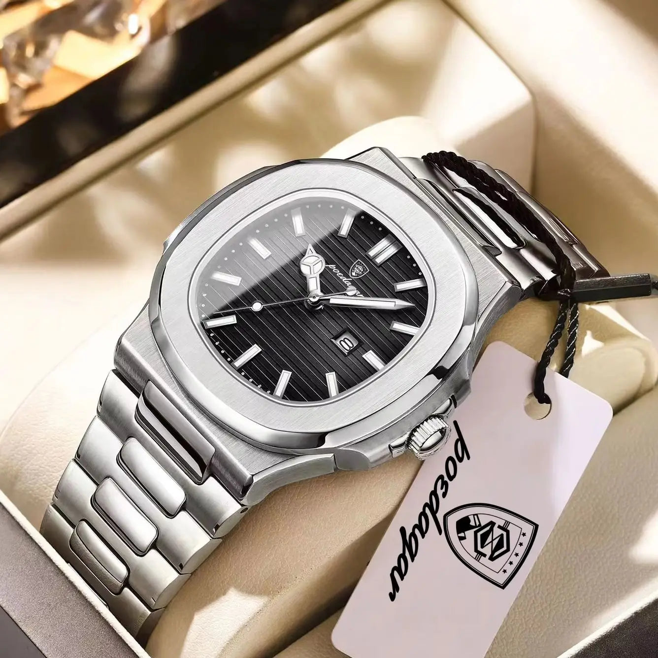 Men’s Square Stainless Steel Watch – Waterproof & Luminous