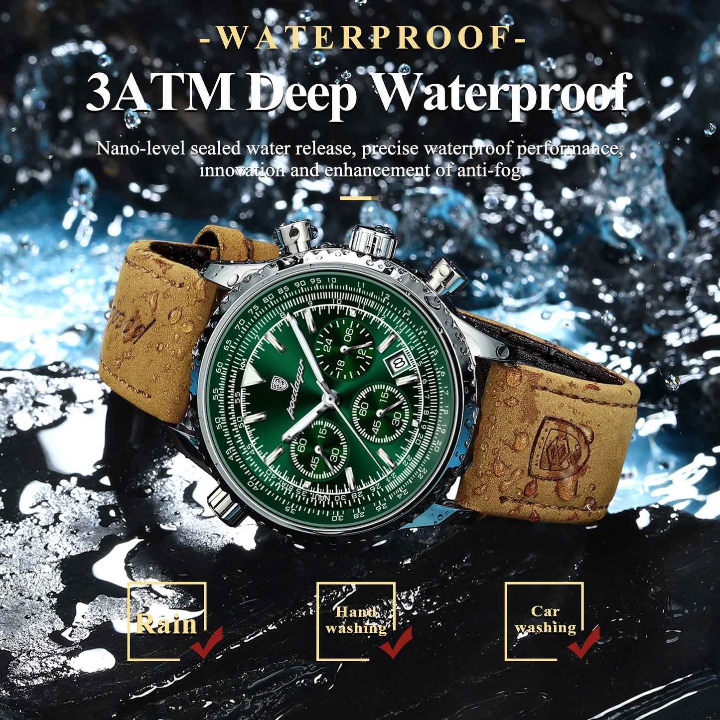 Men's Chronograph Leather Watch – Luminous & 3ATM