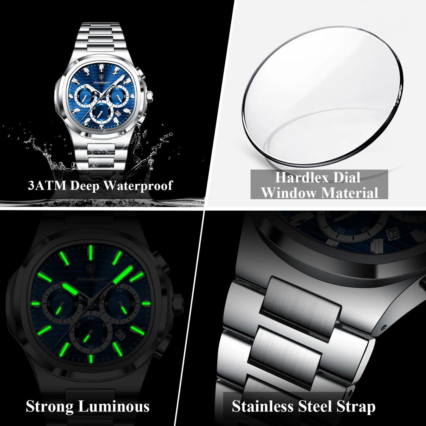 Men's Square Chronograph Watch Stainless Steel Quartz