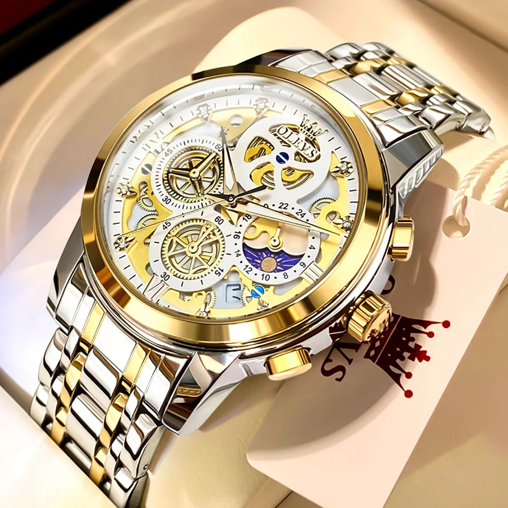Men’s Gold Skeleton Quartz Watch With Stainless-Steel Band