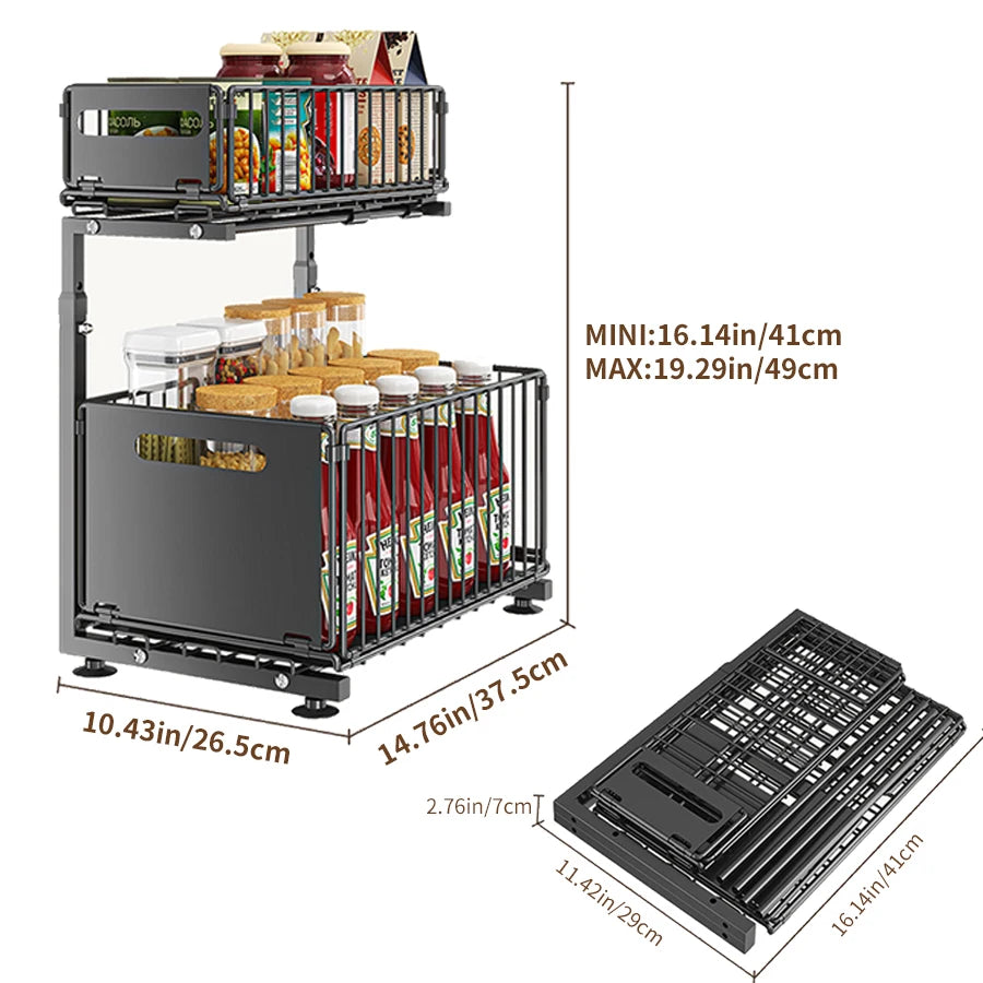 Pull-Out Under Sink Organizer 2-Tier Adjustable Shelf