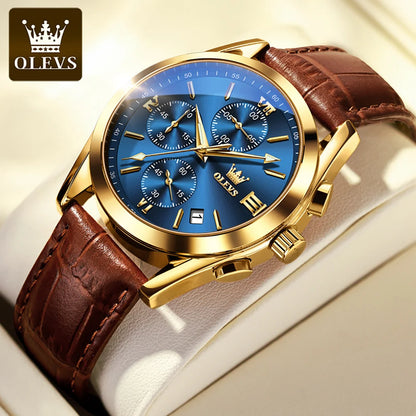 Men's Leather Chronograph Watch Luminous & Waterproof