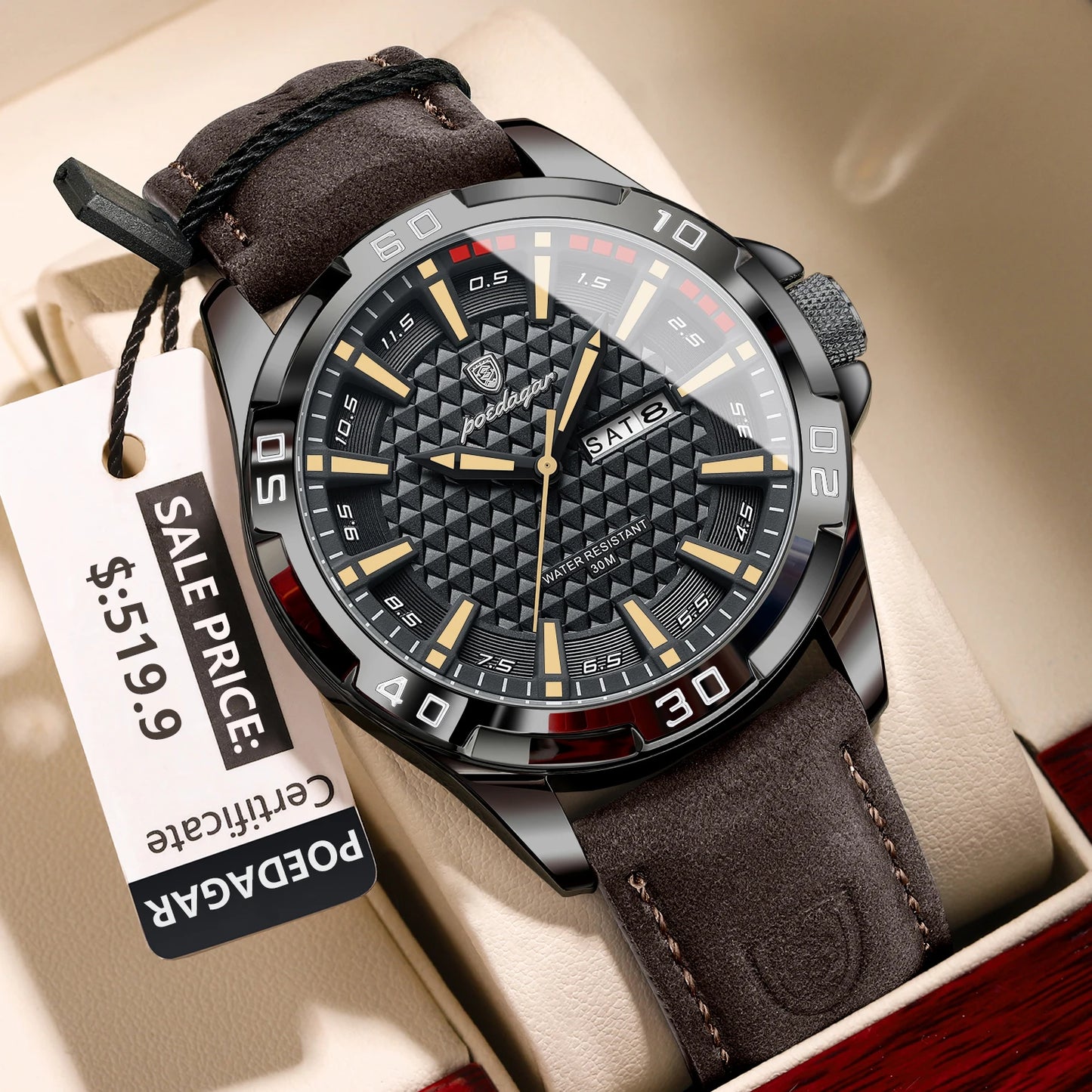 Men’s Leather Quartz Watch With Date & Week Display