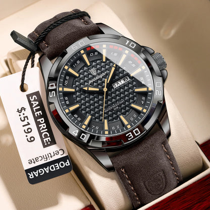 Men’s Leather Quartz Watch With Date & Week Display