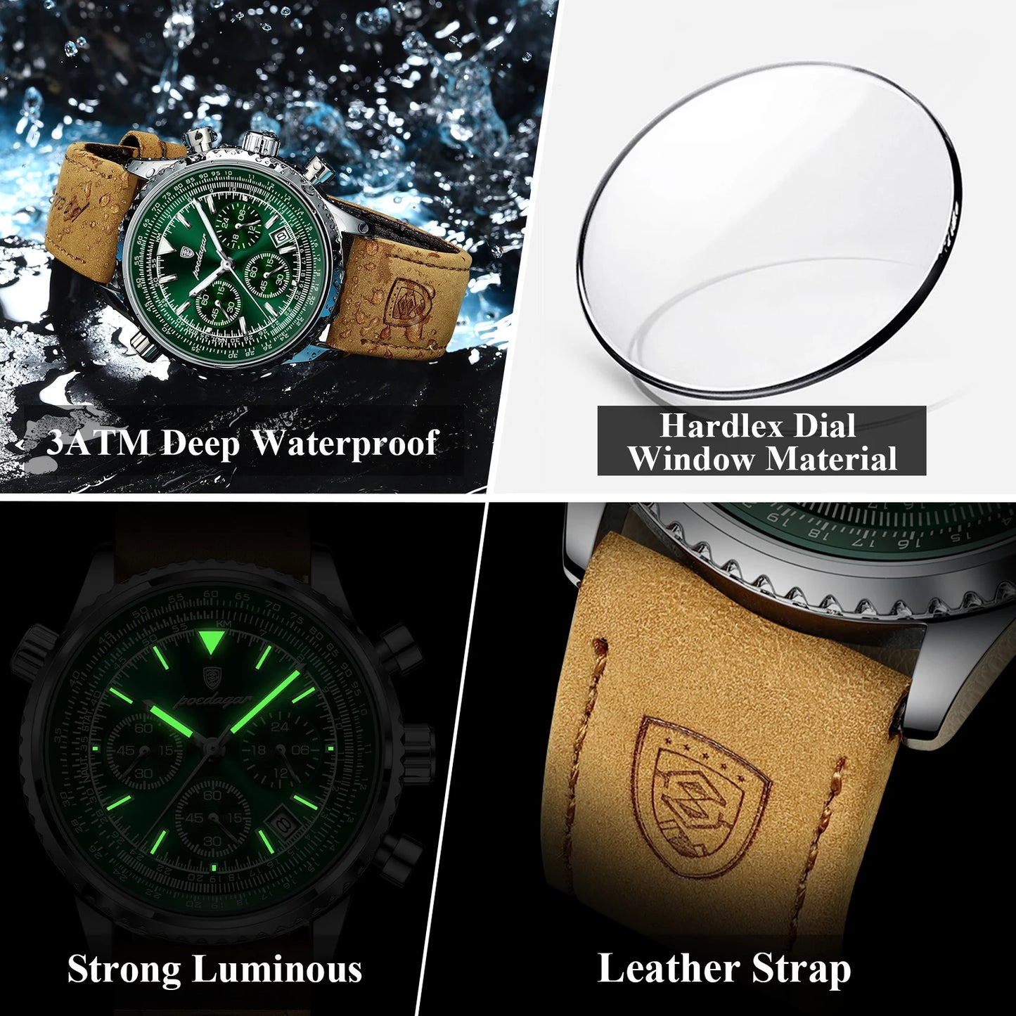 Men's Chronograph Leather Watch – Luminous & 3ATM
