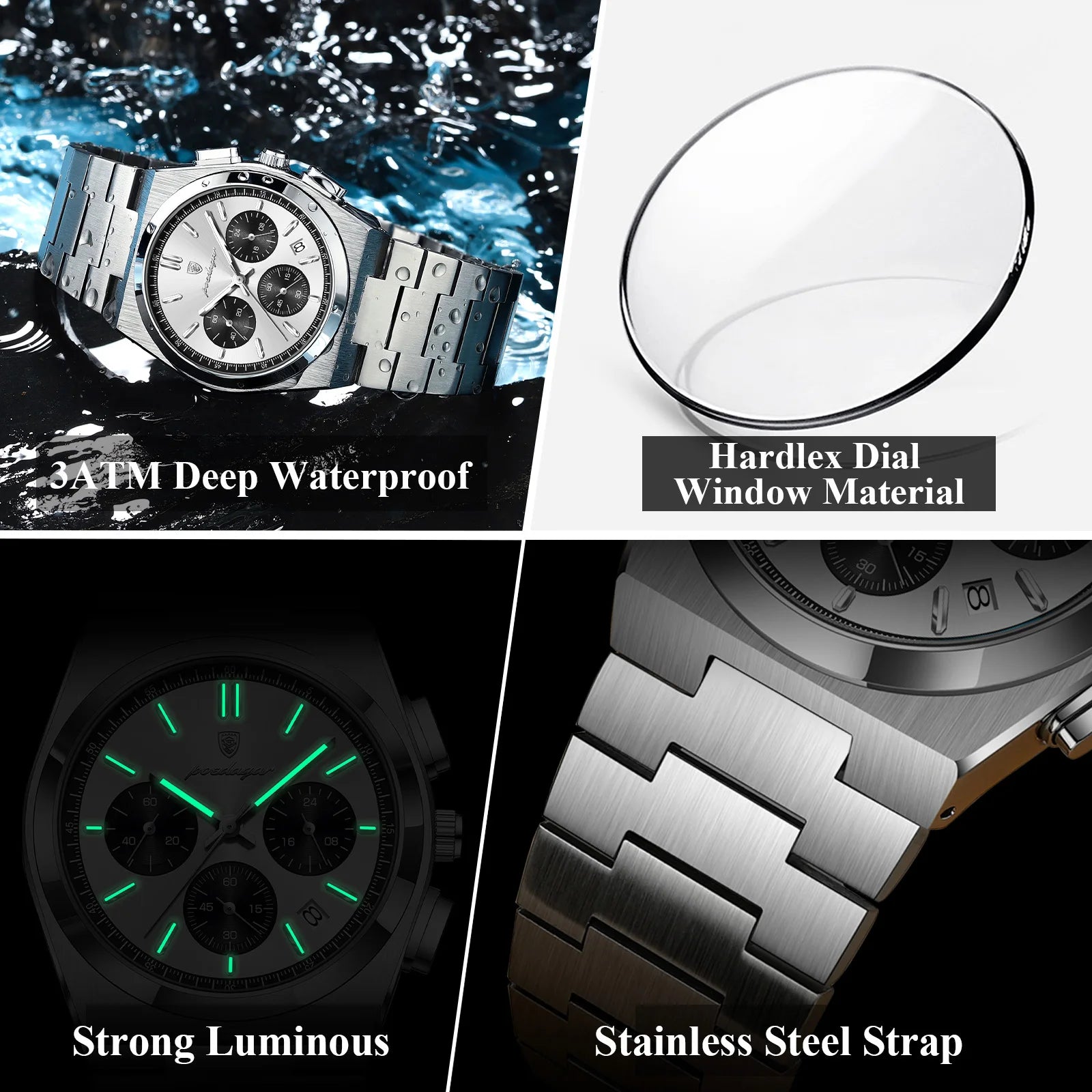 Men's Stainless Steel Chronograph Watch – Luminous, 3ATM