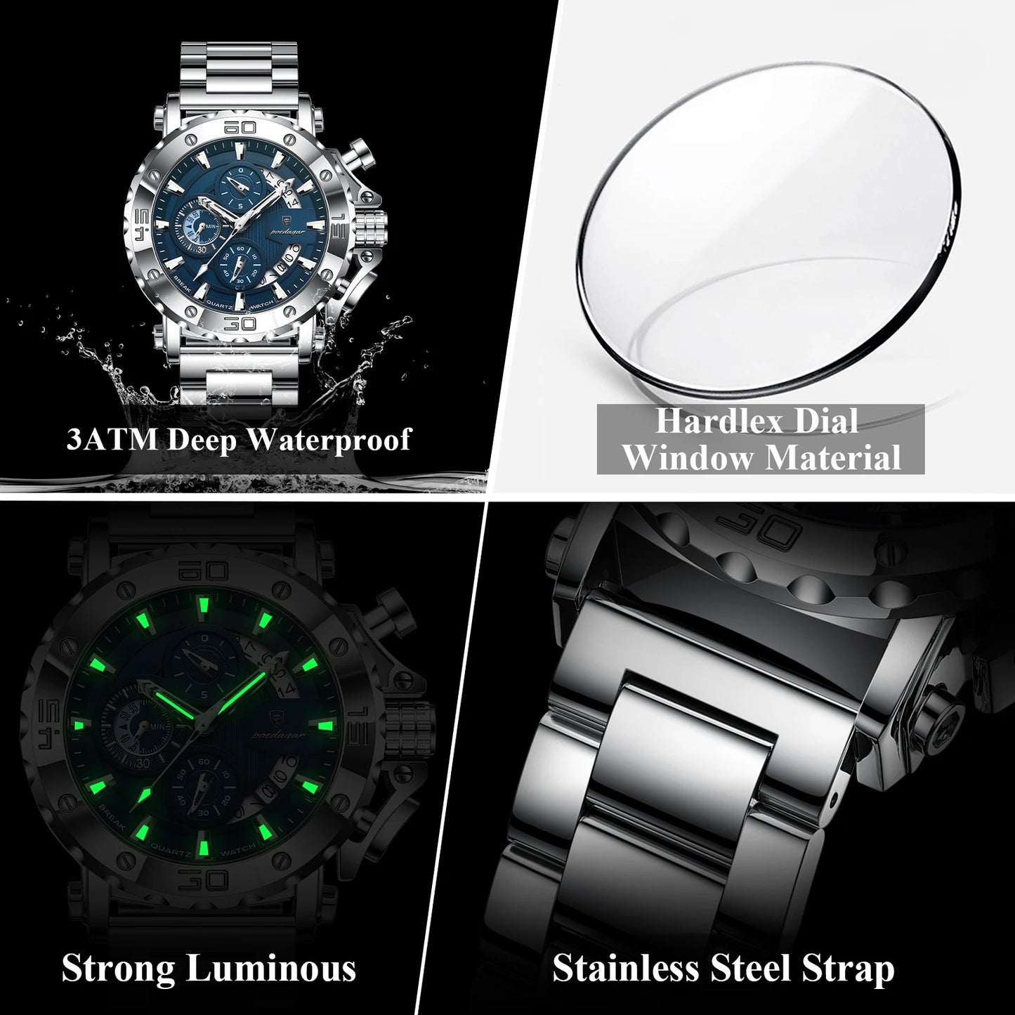 Men's Stainless Steel Chronograph Watch – Luminous & 3ATM