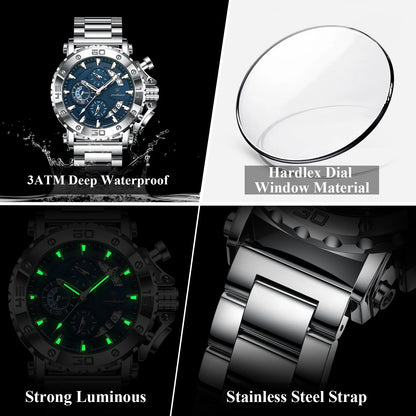 Men's Stainless Steel Chronograph Watch – Luminous & 3ATM