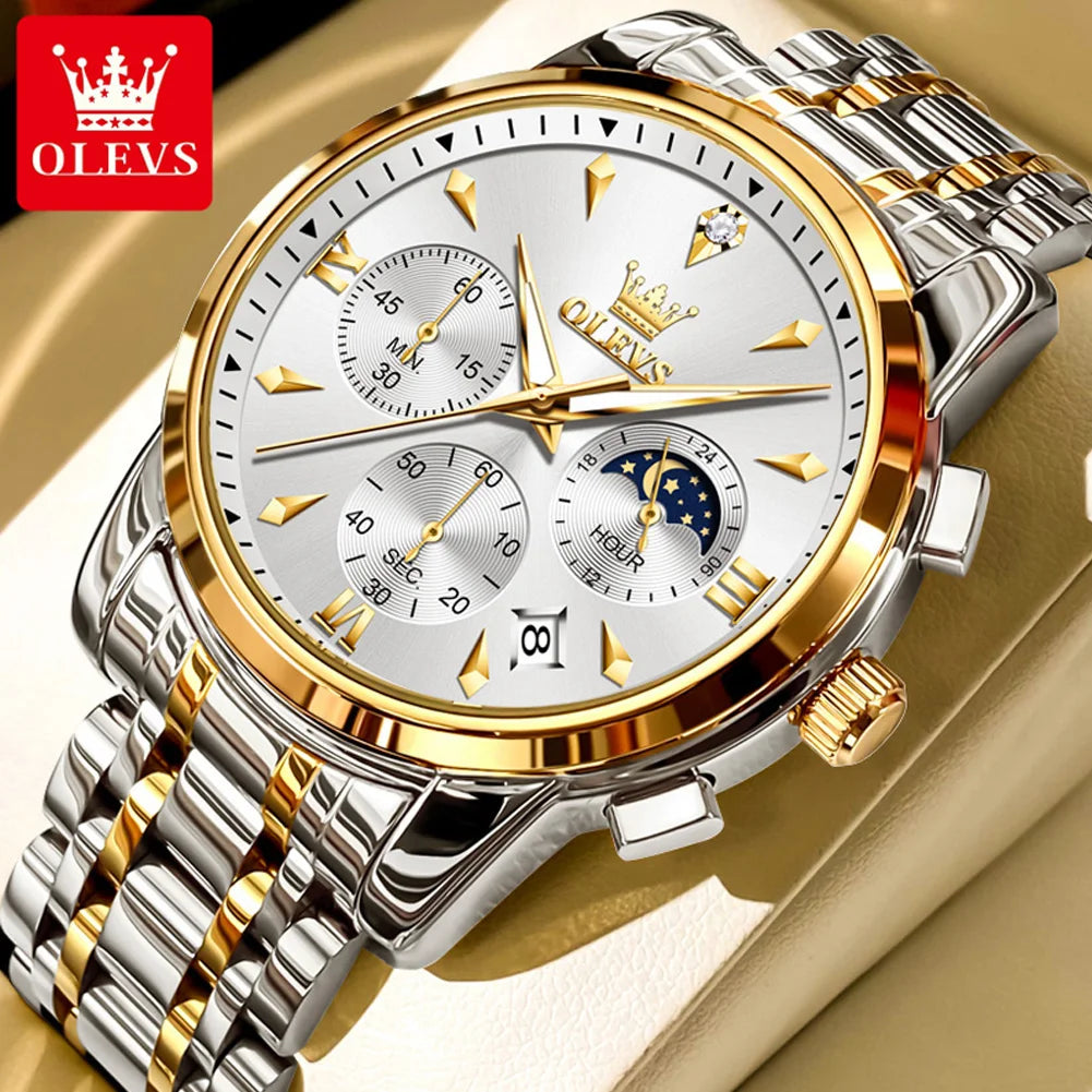 Men’s Stainless Steel Quartz Watch With Moon Phase