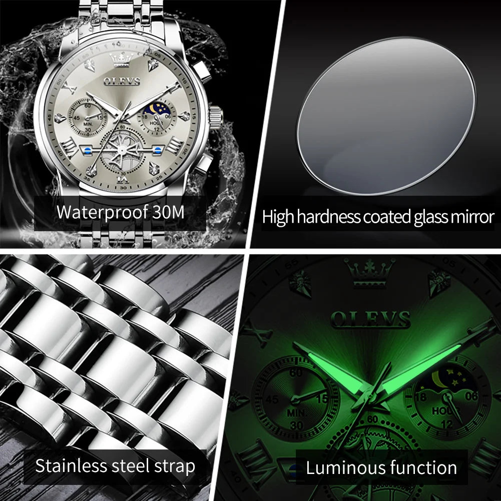 Men's Moon Phase Chronograph Watch Quartz Waterproof