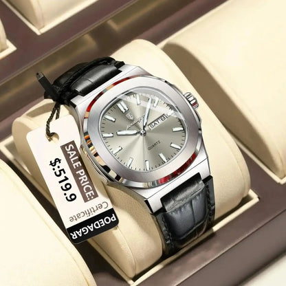 Men’s Square Quartz Watch With Leather Strap
