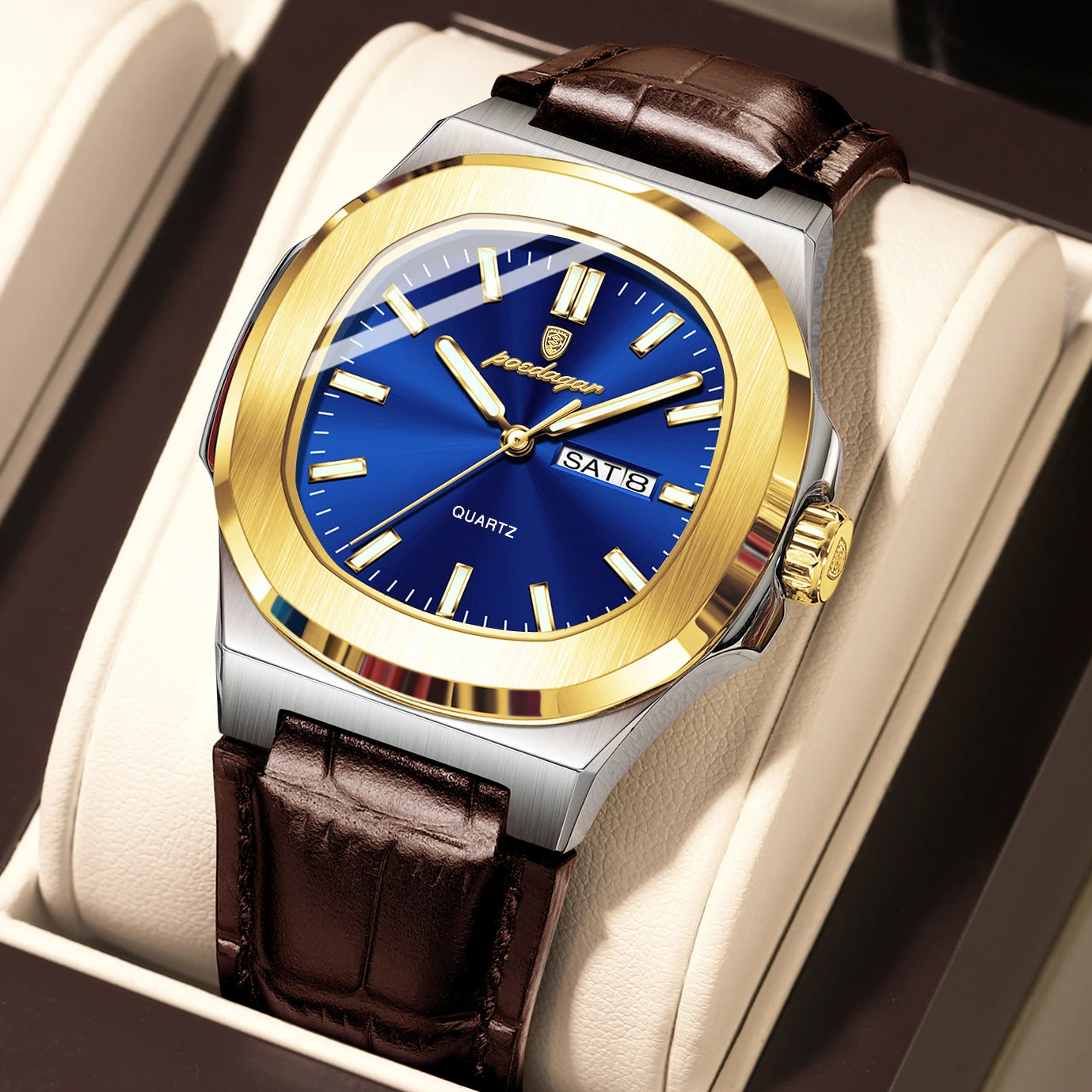 Men’s Square Quartz Watch With Leather Strap