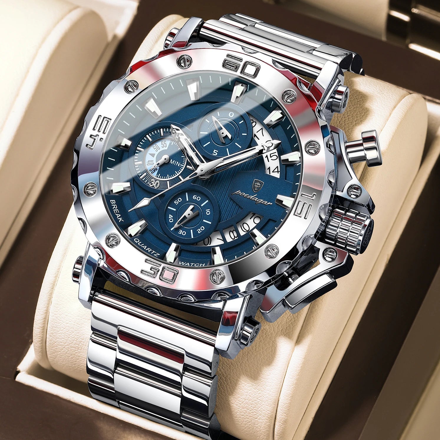 Men's Stainless Steel Chronograph Watch – Luminous & 3ATM