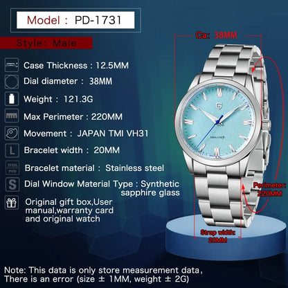 Men’s Sapphire Quartz Watch 38mm Stainless Steel 10ATM
