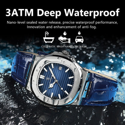 Men’s Square Quartz Watch With Leather Strap